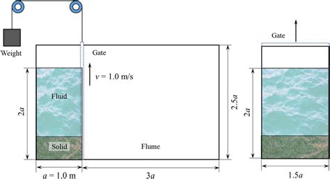 Schematic diagram of fluid–solid dual dam-break simulation (a) front ...