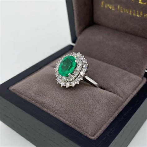 Double Halo Diamond & Green Emerald Ring