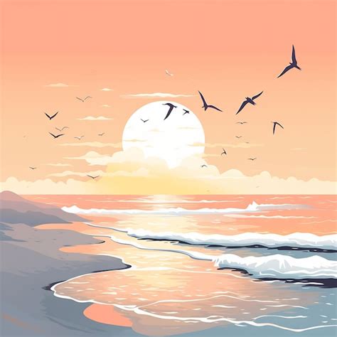 Premium AI Image | a painting of birds flying over the ocean with a sunset in the background