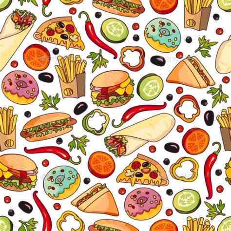 Vector Cartoon Fast Food Seamless Pattern Wallpaper Background Design, Food Wallpaper ...