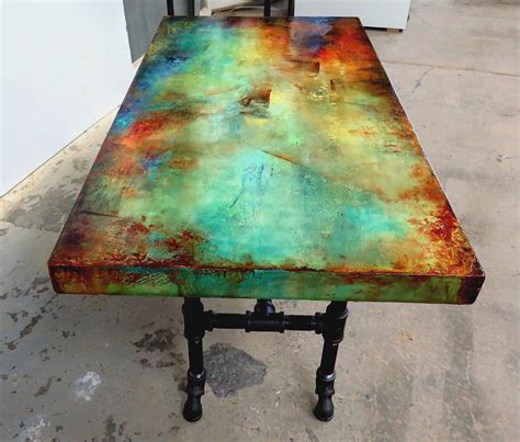 metallic painted coffee table. Teal green, burnt orange, and copper patina. whimsical painted ...