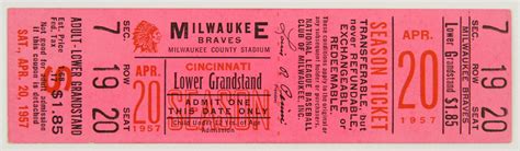 Lot Detail - 1957 (April 20) Milwaukee Braves Cincinnati Reds County Stadium Ticket