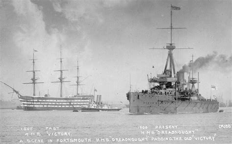 HMS Dreadnought (1906) cruises past the old (1805) HMS Victory - - Naval. Military, Marine ...