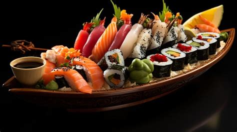 Premium AI Image | Closeup of a sushi boat platter filled with an assortment of nigiri and rolls