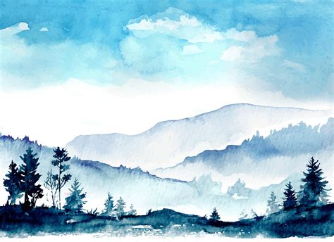 Vector Antiquity Sky Mountains Woods Watercolor Background, Blue, Art ...