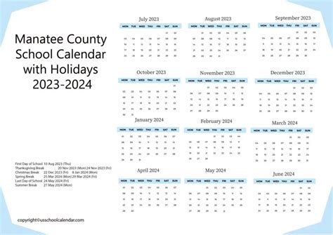 Manatee County School Calendar with Holidays 2023-2024