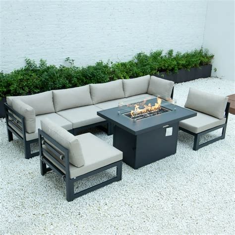 LeisureMod Chelsea 7-Piece Patio Sectional And Fire Pit Table Black Aluminum With Cushions ...