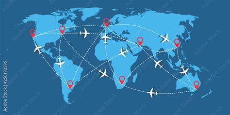 World travel map with airplanes. Flight routes with red pins marker and dotted direction ...