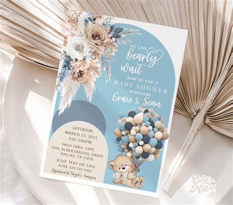 EDITABLE Bearly Wait Arch Invitations, Baby Shower Balloons Invite, Floral Baby Boy Blue, Brown ...