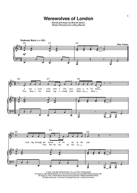 Werewolves Of London" Sheet Music by Warren William Zevon for Piano ...