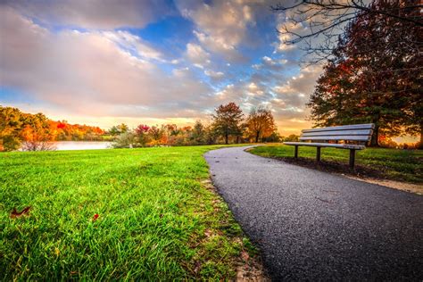 sunset, Bench, Park, Trees, Clouds, Grass, Fall, Nature, Landscape ...