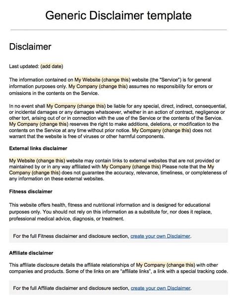 No Responsibility Disclaimer Template