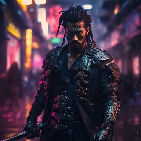 Premium AI Image | shot of samurai Cyberpunk samurai surrounded by city neon lighting