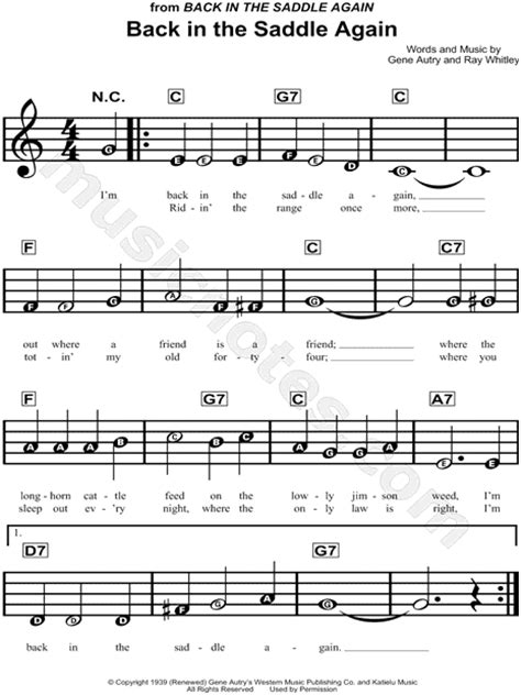 Gene Autry "Back In the Saddle Again" Sheet Music for Beginners in C ...