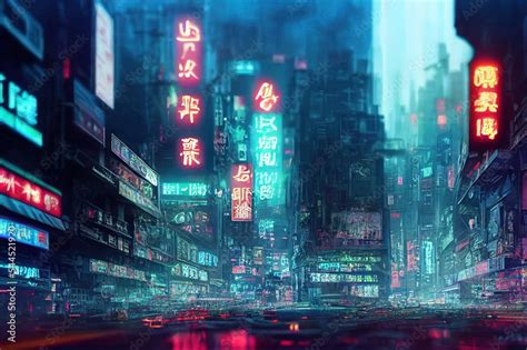 Asian, japanese cyberpunk futuristic city. Dark rainy day with sky ...