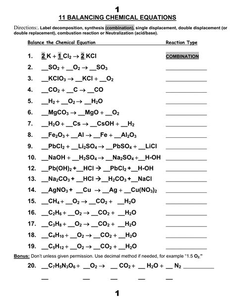 Chemical Reaction Formulas Worksheet