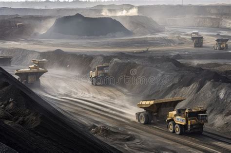 Open-pit Coal Mine with Massive Mining Trucks and Equipment in the Foreground Stock Illustration ...