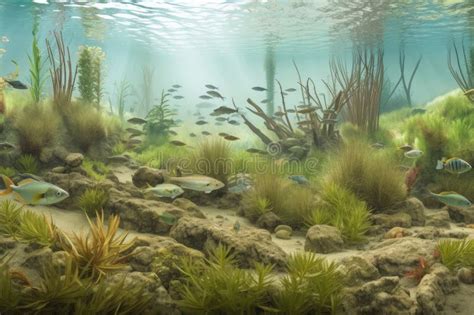 Freshwater Ecosystem, with Schools of Fish Swimming among Plants and Rocks Stock Illustration ...