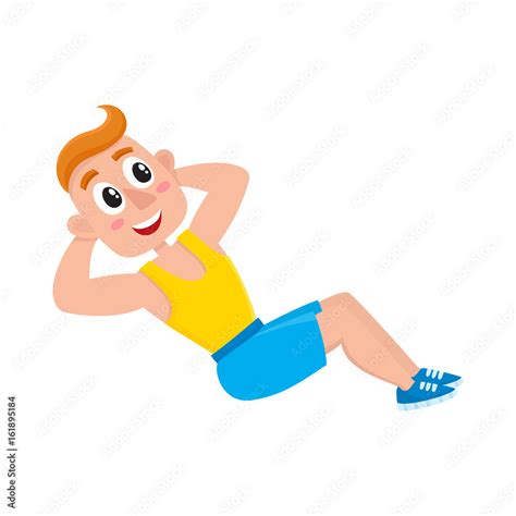 Young man doing sit ups, sport exercises, training in gym, cartoon vector illustration isolated ...