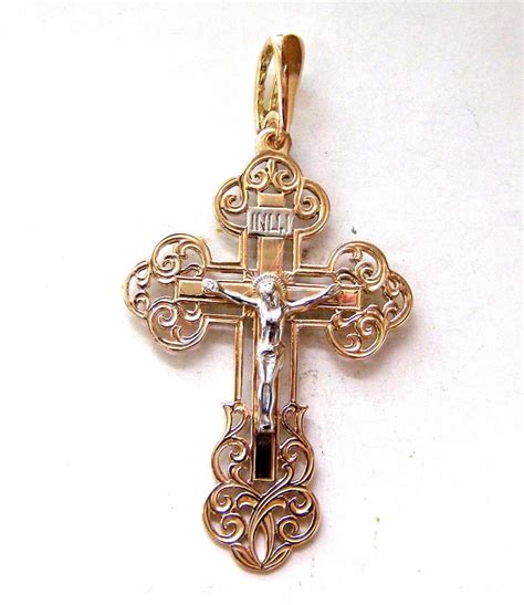 Orthodox Slavic Cross Pendant Red Gold 585 solid #a150 - Atlantis Gold