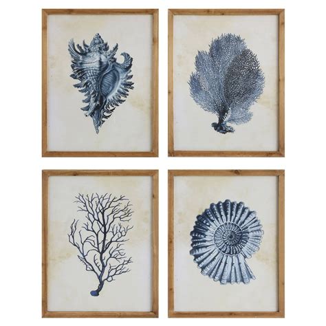 3R Studio Wall Art Wood Framed Blue Shells and Coral Framed - Set of 4 ...