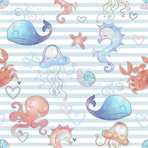 Seamless pattern with many cute sea animals on striped background ...