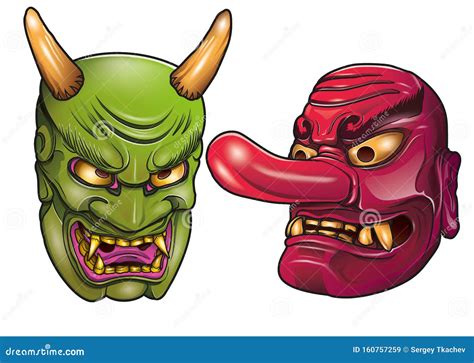 Two Colorful Oriental Oni Demon Masks Illustration Stock Vector ...