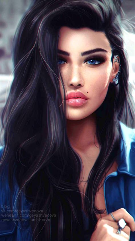 a painting of a woman with long black hair and piercings on her ear ...