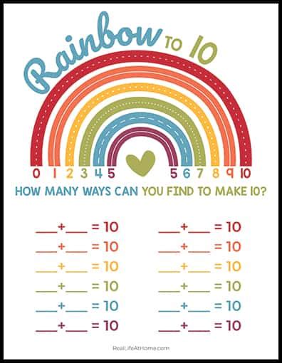 Free Addition Facts Worksheet for Sums of 10 (Featuring a Rainbow)