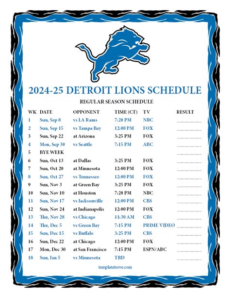 Printable 2024-2025 Detroit Lions Schedule