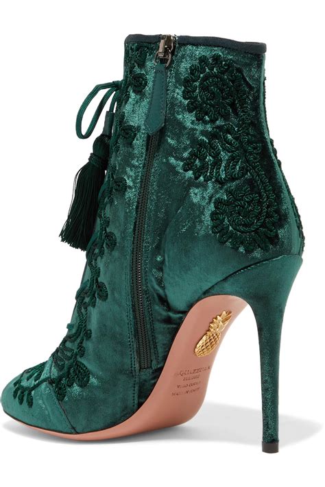 Aquazzura Almaty Lace-up Embroidered Crushed-velvet Ankle Boots in Emerald (Green) - Lyst