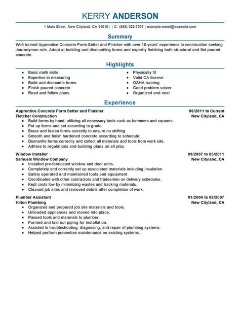 Best Apprentice Concrete Form Setter And Finisher Resume Example From Professional Resume ...