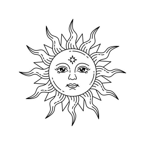 Celestial sun with face and opened eyes, stylized drawing, tarot card. Sun Drawing, Sun And Moon ...