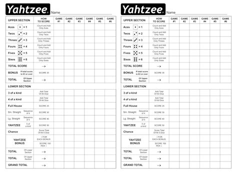 Large Print Yahtzee Scorecard Printable