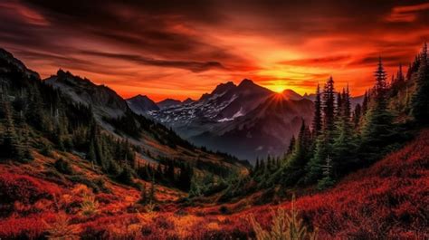 Premium AI Image | A sunset with a red sky and mountains in the background