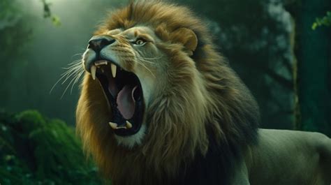 Premium AI Image | Slow Motion of a Lion roaring in front of a green key Generative Ai