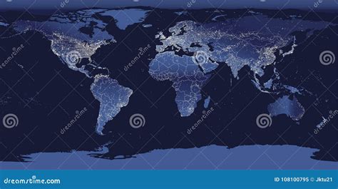 World City Lights Map. Night Earth View from Space. Vector Illustration ...