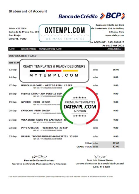 Peru Banco de Credito del Peru (BCP) bank statement easy to fill template in Excel and PDF format