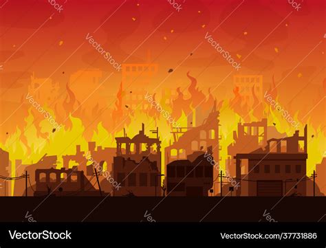 Burning city ruins in fire destroyed town houses Vector Image