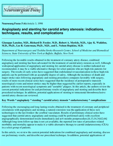 (PDF) Angioplasty and stenting for carotid artery stenosis: indications, techniques, results ...