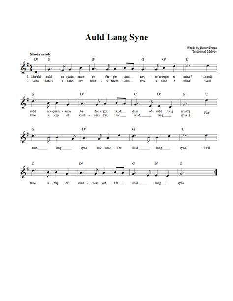 Auld Lang Syne B-Flat Instrument Sheet Music (Lead Sheet) with Chords ...