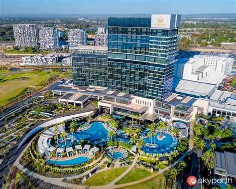 Beautiful Crown Towers at the Crown Casino is a rainbow of greens and blues. Credit: skyperth ...