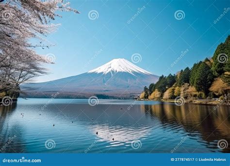 Mt Fuji and Cherry Blossom at Kawaguchiko Lake in Japan. Generative AI Stock Illustration ...