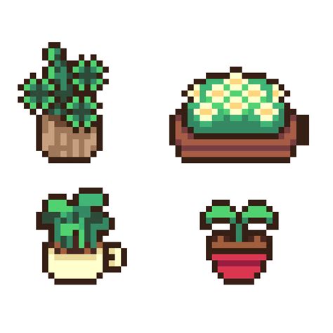 pixelated plants and potted plants are shown in four different shapes, including one green plant