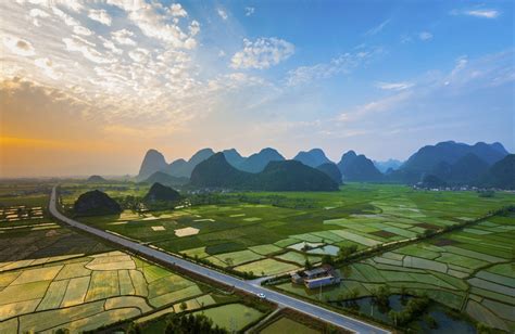 landscape photography nature field mountains sunset road clouds village guilin china rice paddy ...