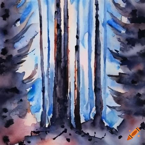 Watercolor painting of a burnt pine tree forest on Craiyon