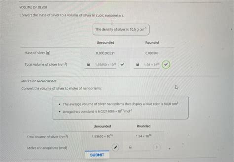 Solved VOLUME OF SILVER Convert the mass of silver to a | Chegg.com