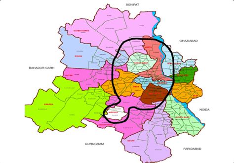 Map of Delhi (Central districts shown by black line) | Download ...