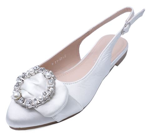 WOMENS WHITE SATIN BRIDESMAID WEDDING BRIDAL BRIDE PARTY FLAT SHOES ...