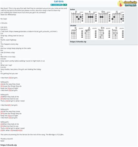 Chord: Cali Girls - tab, song lyric, sheet, guitar, ukulele | chords.vip